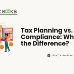 A split-screen illustration contrasting two distinct business approaches. On the left side, labeled "Tax Planning," a strategist moves chess pieces on a board with a glowing lightbulb and a forward-looking calendar, symbolizing proactive foresight and optimization. On the right side, labeled "Tax Compliance," a professional meticulously checks off boxes on a regulatory checklist beside a stack of official FTA documents and a stamp, representing adherence to rules and deadlines. A balanced scale sits between the two sides, illustrating the tax-planning-vs-tax-compliance relationship. The UAE flag and a modern skyline appear in the background, grounding the concept in the local regulatory context.