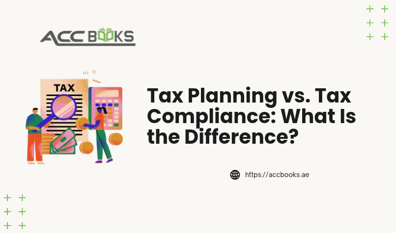 A split-screen illustration contrasting two distinct business approaches. On the left side, labeled "Tax Planning," a strategist moves chess pieces on a board with a glowing lightbulb and a forward-looking calendar, symbolizing proactive foresight and optimization. On the right side, labeled "Tax Compliance," a professional meticulously checks off boxes on a regulatory checklist beside a stack of official FTA documents and a stamp, representing adherence to rules and deadlines. A balanced scale sits between the two sides, illustrating the tax-planning-vs-tax-compliance relationship. The UAE flag and a modern skyline appear in the background, grounding the concept in the local regulatory context.