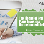 A sharp-eyed investor sitting across a boardroom table, reviewing a financial report with a magnifying glass. Several pages are marked with bright red flag icons next to warning indicators such as declining cash flow, rising debt ratios, inconsistent revenue recognition, and unexplained expense spikes. A digital tablet beside the report displays a dashboard with red warning alerts, while the investor's concerned expression and raised eyebrow convey scrutiny. The UAE skyline is visible through the window, symbolizing the local business context where investors evaluate Financial Red Flags before committing capital.