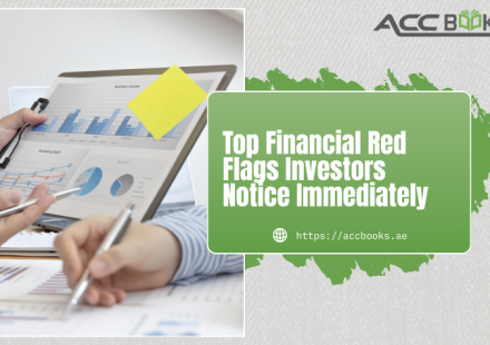 A sharp-eyed investor sitting across a boardroom table, reviewing a financial report with a magnifying glass. Several pages are marked with bright red flag icons next to warning indicators such as declining cash flow, rising debt ratios, inconsistent revenue recognition, and unexplained expense spikes. A digital tablet beside the report displays a dashboard with red warning alerts, while the investor's concerned expression and raised eyebrow convey scrutiny. The UAE skyline is visible through the window, symbolizing the local business context where investors evaluate Financial Red Flags before committing capital.