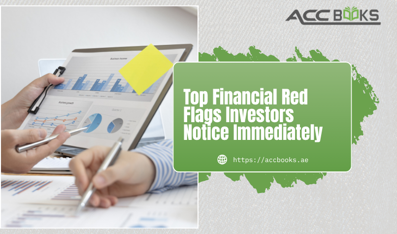 A sharp-eyed investor sitting across a boardroom table, reviewing a financial report with a magnifying glass. Several pages are marked with bright red flag icons next to warning indicators such as declining cash flow, rising debt ratios, inconsistent revenue recognition, and unexplained expense spikes. A digital tablet beside the report displays a dashboard with red warning alerts, while the investor's concerned expression and raised eyebrow convey scrutiny. The UAE skyline is visible through the window, symbolizing the local business context where investors evaluate Financial Red Flags before committing capital.