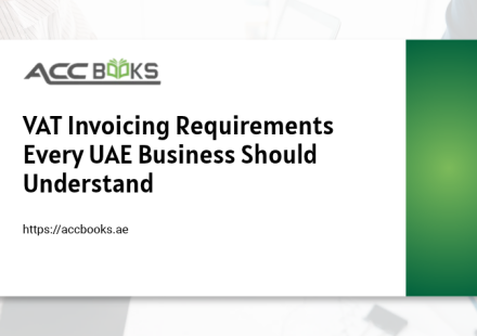 A close-up view of a professionally prepared UAE tax invoice displayed on a clipboard, featuring all mandatory fields including the supplier's TRN, invoice number, VAT amount, and the date of supply. A magnifying glass hovers over the document, highlighting the FTA-compliant details, while a checklist beside it marks off key VAT Invoicing Requirements such as "TRN Displayed," "Tax Rate Specified," and "Invoice Numbered Sequentially." A laptop in the background displays the FTA EmaraTax portal, and a UAE flag sits in the corner, reinforcing the regulatory context of VAT-compliant invoicing for UAE businesses.