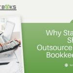 A startup founder sitting at a cluttered desk with a laptop, a stack of receipts, and a coffee cup, looking relieved as they hand over a folder of financial documents to a professional bookkeeper from an outsourced firm. The bookkeeper, seated at a clean, organized workstation with dual monitors displaying accounting software, accepts the folder with a confident smile. A digital overlay shows a checklist with items like "Save Time," "Reduce Costs," and "Ensure Accuracy," symbolizing the benefits of choosing to Outsource Their Bookkeeping. The background features a modern startup office with a small team collaborating, reinforcing the focus on core business growth.